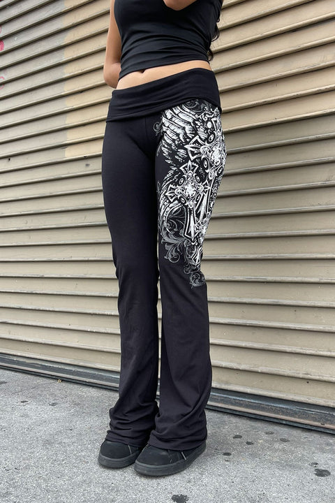 Y2K McBling Cross & Wing Graphic Rhinestone Print Fold-Over Flare Pants