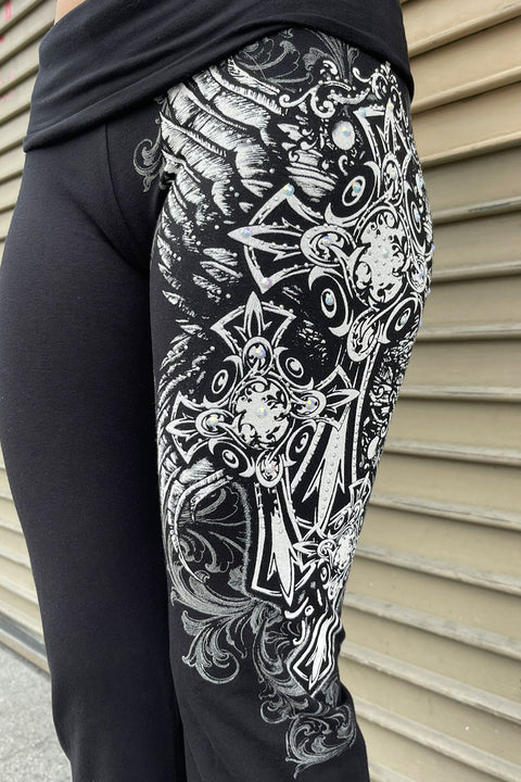 Y2K McBling Cross & Wing Graphic Rhinestone Print Fold-Over Flare Pants
