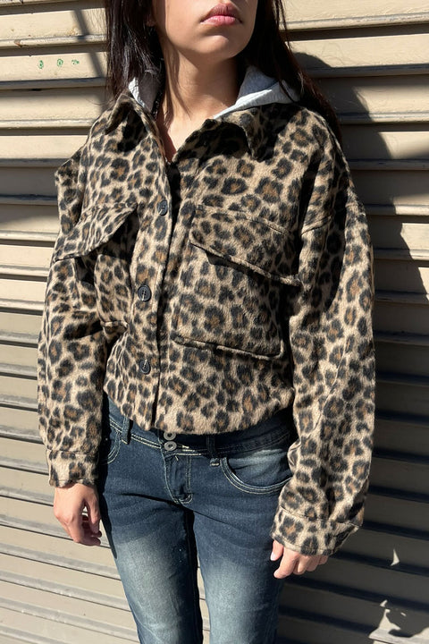 Leopard Print Button Up Jacket/Shacket with Removable Hood