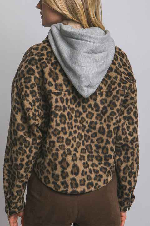 Leopard Print Button Up Jacket/Shacket with Removable Hood