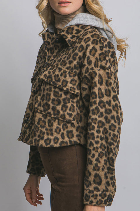 Leopard Print Button Up Jacket/Shacket with Removable Hood