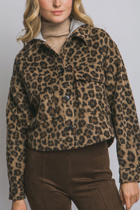 Leopard Print Button Up Jacket/Shacket with Removable Hood