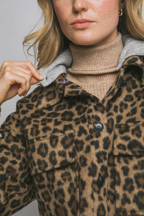 Leopard Print Button Up Jacket/Shacket with Removable Hood