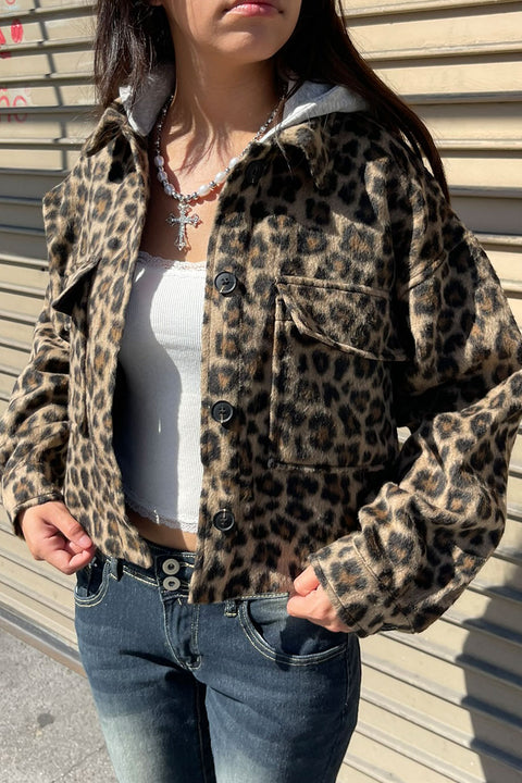 Leopard Print Button Up Jacket/Shacket with Removable Hood