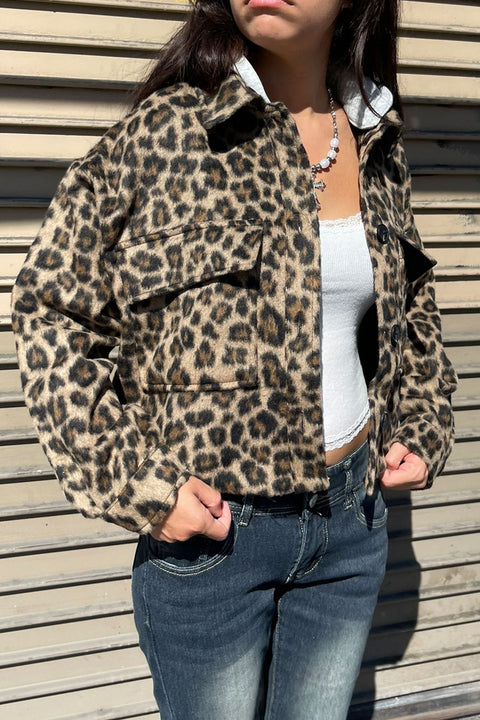 Leopard Print Button Up Jacket/Shacket with Removable Hood