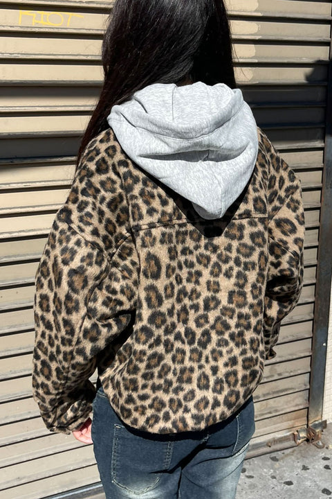 Leopard Print Button Up Jacket/Shacket with Removable Hood