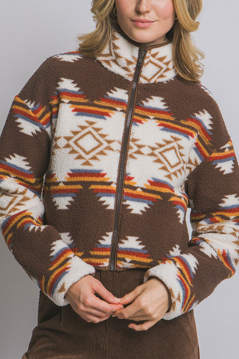 Aztec Printed Sherpa Full Zip Jacket