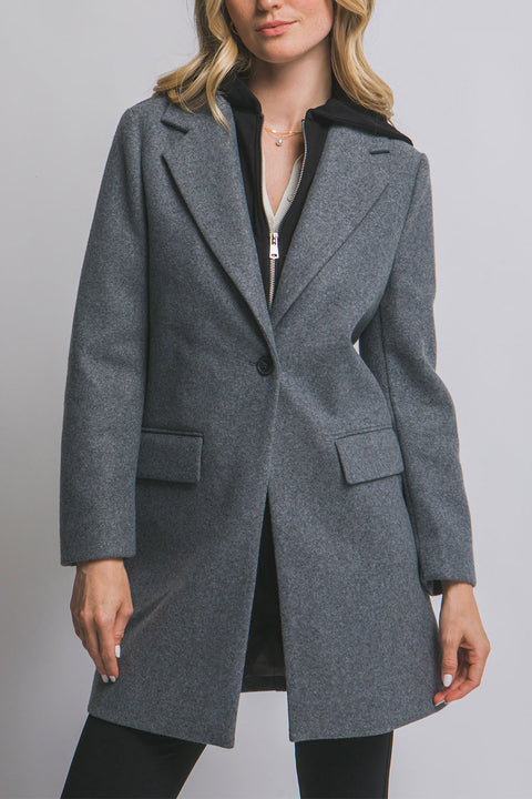 Full-Zip Fleece Hooded Contrast Combination Coat with Button Closure