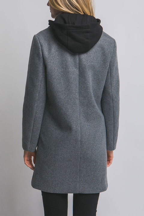 Full-Zip Fleece Hooded Contrast Combination Coat with Button Closure