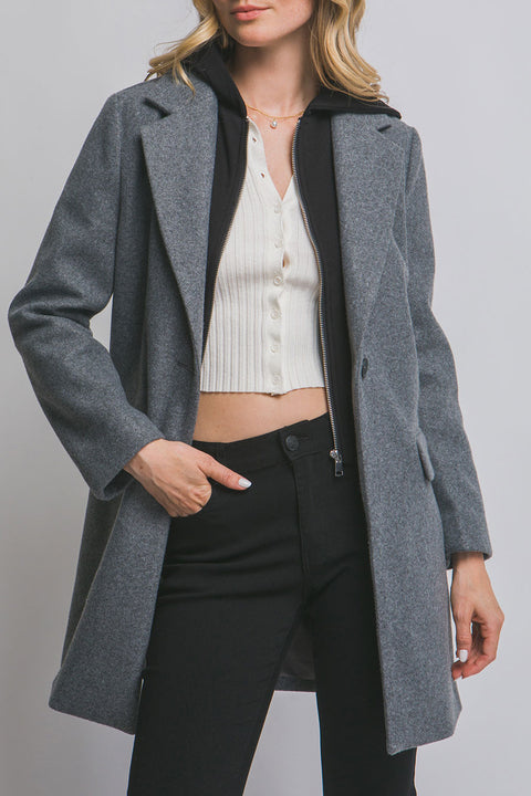 Full-Zip Fleece Hooded Contrast Combination Coat with Button Closure