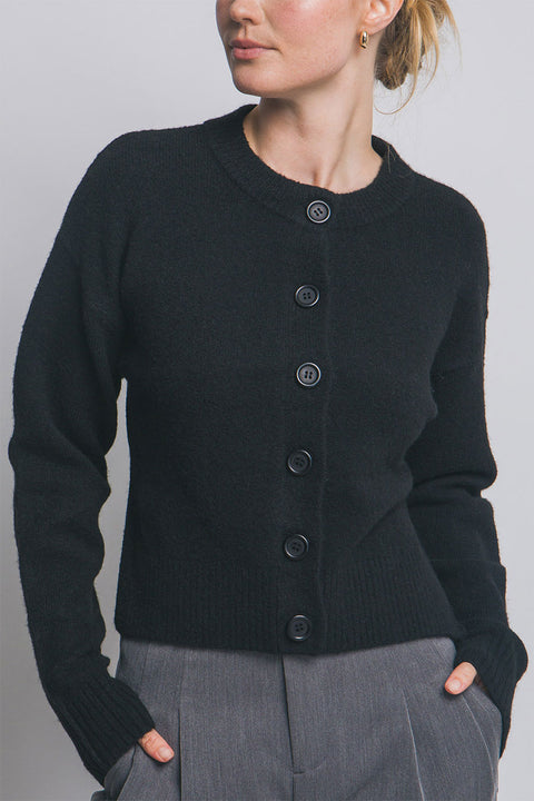 Crew Neck Button-Front Sweater Cardigan with Side Slit