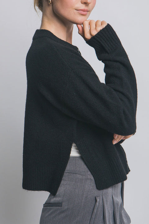Crew Neck Button-Front Sweater Cardigan with Side Slit