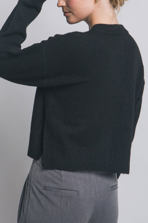 Crew Neck Button-Front Sweater Cardigan with Side Slit