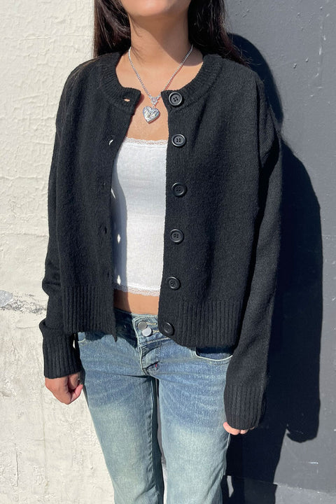 Crew Neck Button-Front Sweater Cardigan with Side Slit