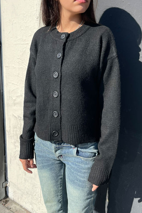 Crew Neck Button-Front Sweater Cardigan with Side Slit