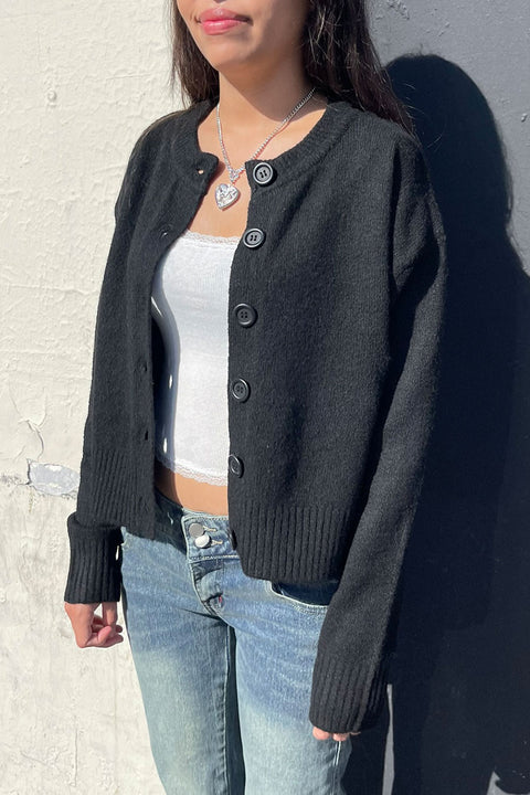 Crew Neck Button-Front Sweater Cardigan with Side Slit