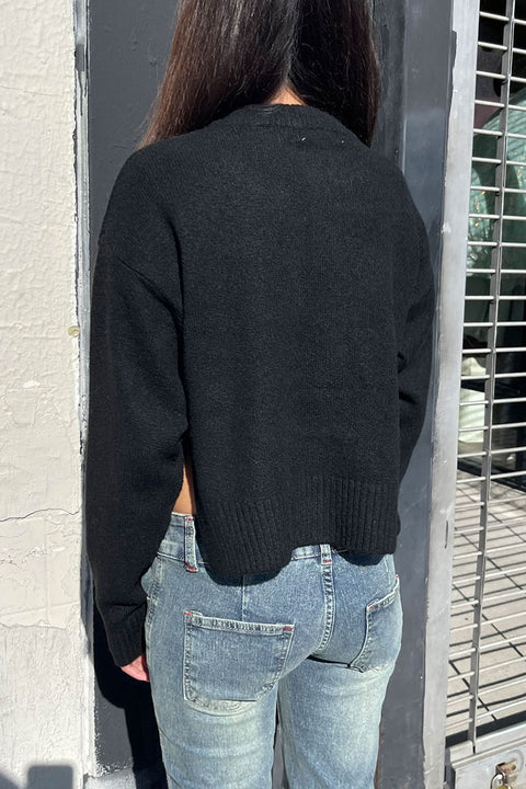 Crew Neck Button-Front Sweater Cardigan with Side Slit