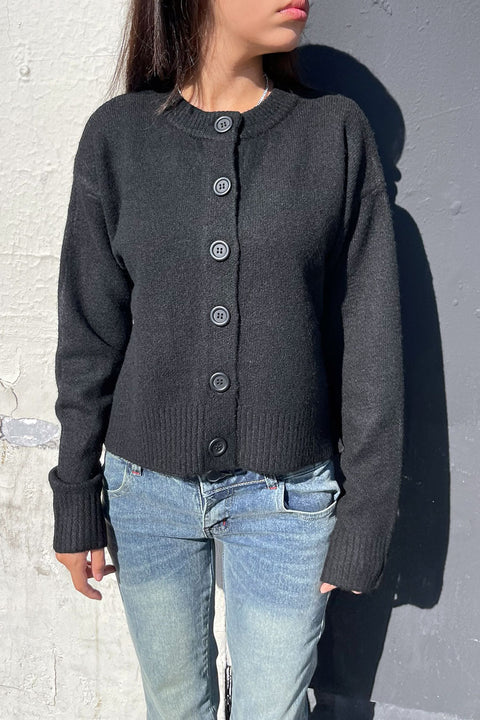 Crew Neck Button-Front Sweater Cardigan with Side Slit