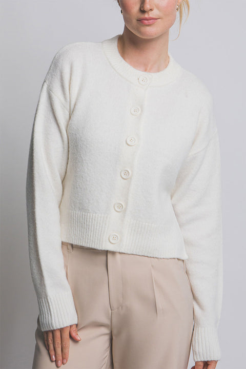 Crew Neck Button-Front Sweater Cardigan with Side Slit