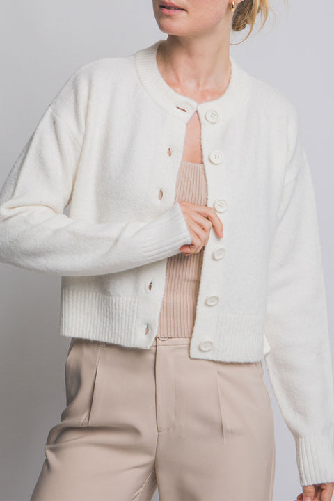 Crew Neck Button-Front Sweater Cardigan with Side Slit