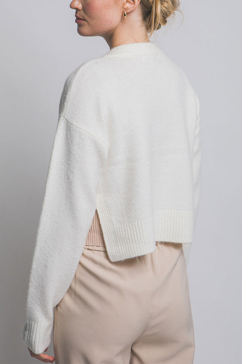 Crew Neck Button-Front Sweater Cardigan with Side Slit