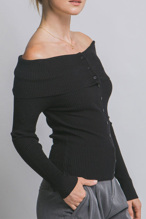 Off Shoulder Button-Down Design Ribbed Sweater Top