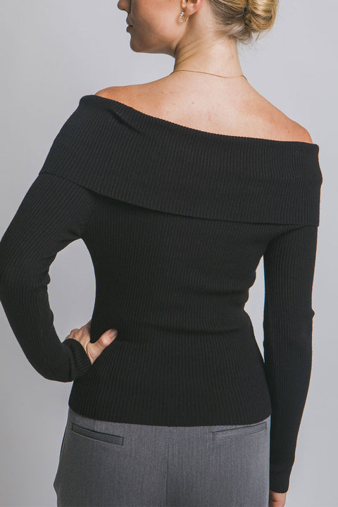 Off Shoulder Button-Down Design Ribbed Sweater Top