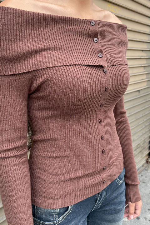 Off Shoulder Button-Down Design Ribbed Sweater Top