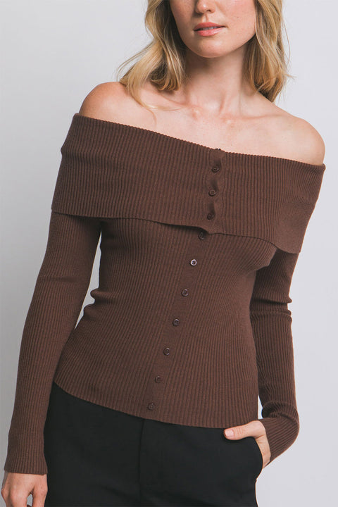 Off Shoulder Button-Down Design Ribbed Sweater Top