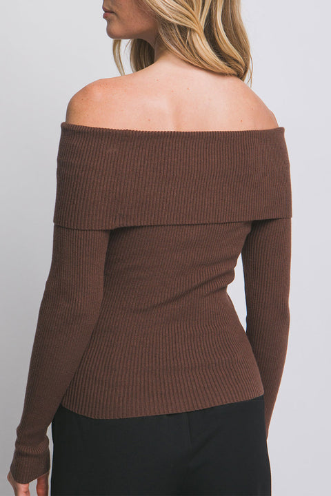 Off Shoulder Button-Down Design Ribbed Sweater Top
