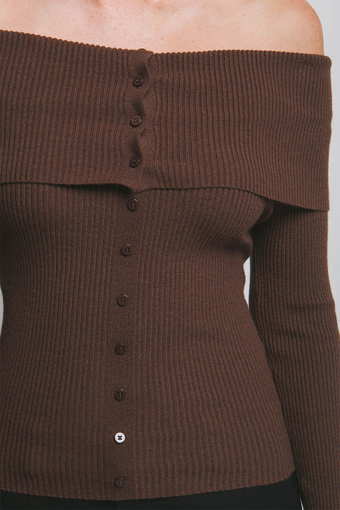 Off Shoulder Button-Down Design Ribbed Sweater Top