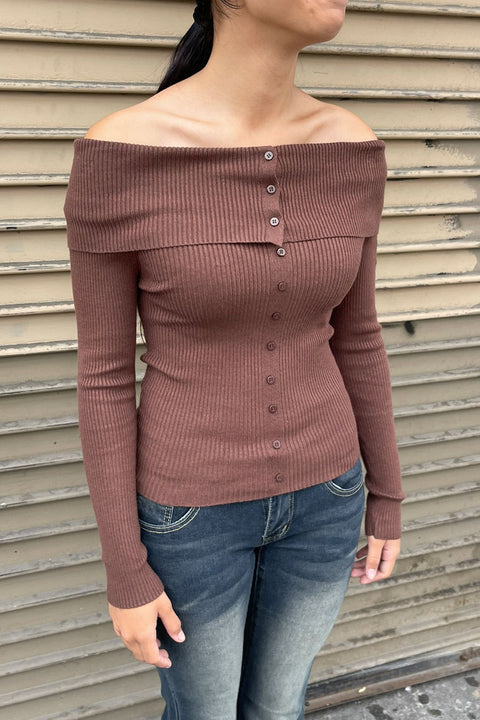 Off Shoulder Button-Down Design Ribbed Sweater Top