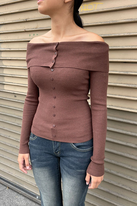 Off Shoulder Button-Down Design Ribbed Sweater Top