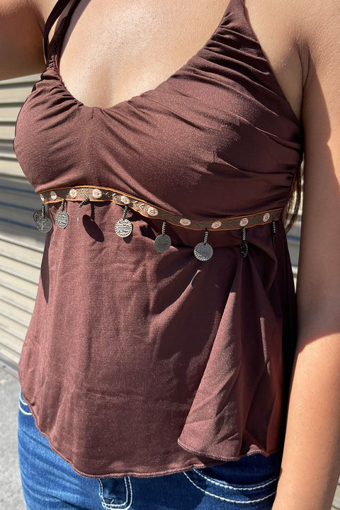 2000s Waist Tassel Sleeveless Halter Flowy Top