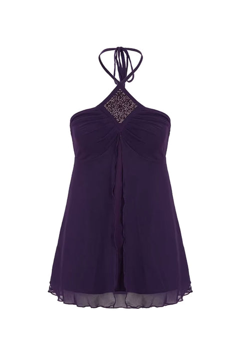 2000s Sparkle Patch Detail Bandeau Halter Mesh Baby Doll Top