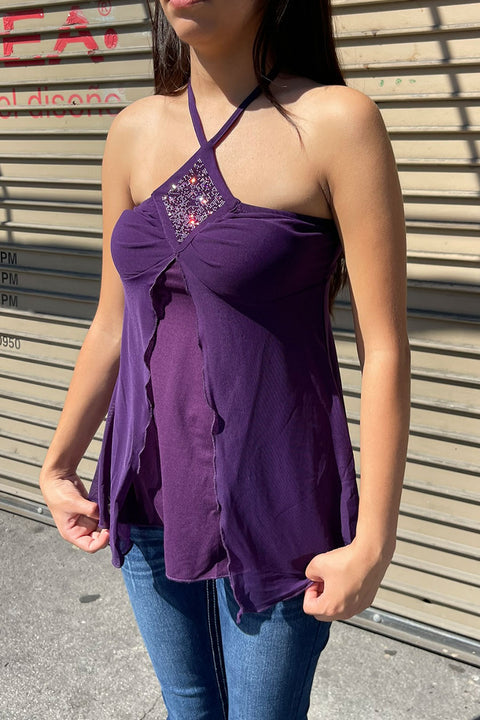 2000s Sparkle Patch Detail Bandeau Halter Mesh Baby Doll Top