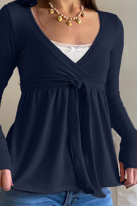 2000s Surplice Baby Doll Long Sleeve Top with Waist Self Tie