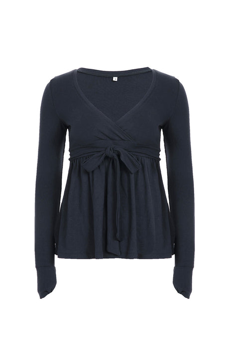 2000s Surplice Baby Doll Long Sleeve Top with Waist Self Tie