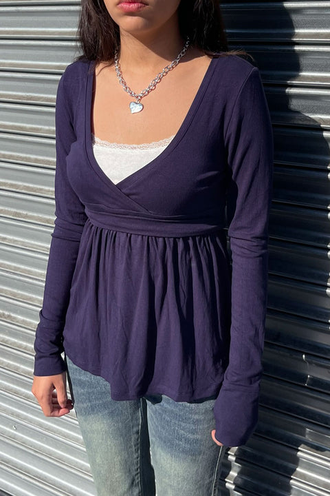 2000s Surplice Baby Doll Long Sleeve Top with Waist Self Tie