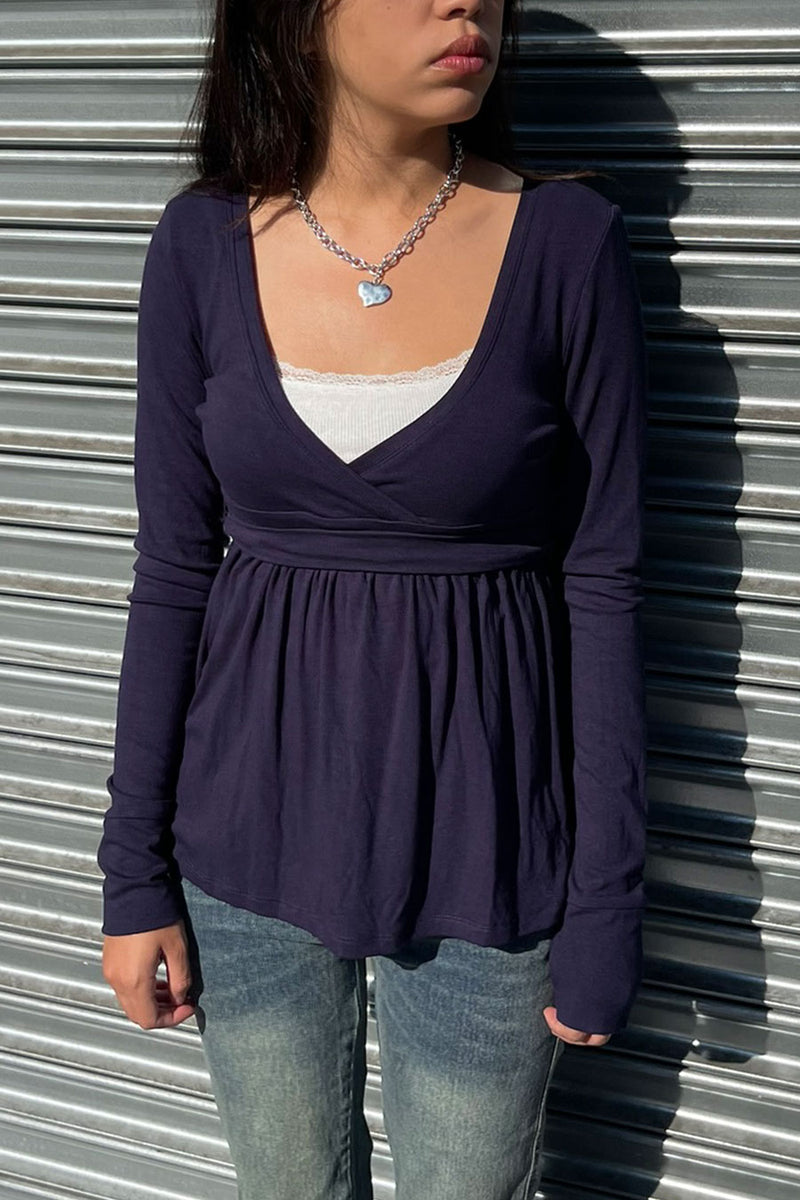2000s Surplice Baby Doll Long Sleeve Top with Waist Self Tie– HyperBees