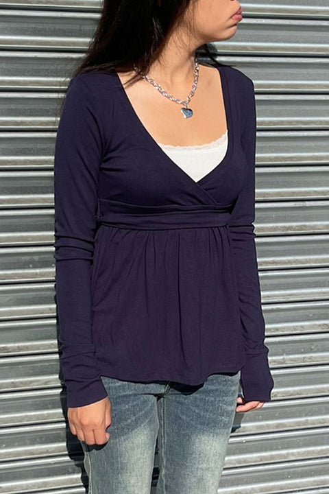 2000s Surplice Baby Doll Long Sleeve Top with Waist Self Tie