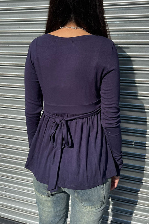 2000s Surplice Baby Doll Long Sleeve Top with Waist Self Tie