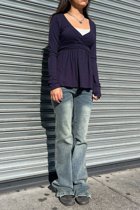 2000s Surplice Baby Doll Long Sleeve Top with Waist Self Tie