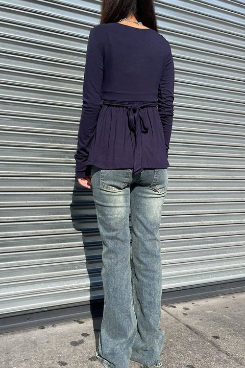 2000s Surplice Baby Doll Long Sleeve Top with Waist Self Tie