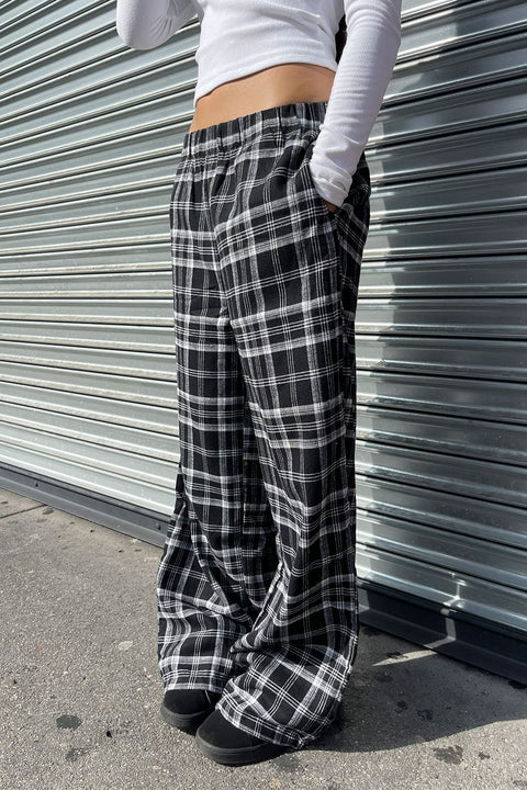 Basic Yarn-Dyed Plaid Flannel Pajama Pants with Side Pockets