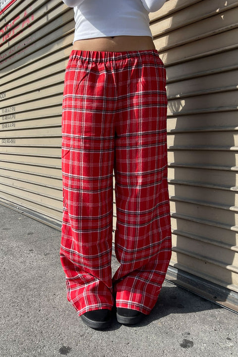 Basic Yarn-Dyed Plaid Flannel Pajama Pants with Side Pockets
