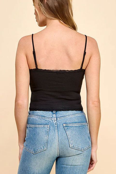 Basic Cotton Blend 2000s Lace Detail Ribbed Cami Top