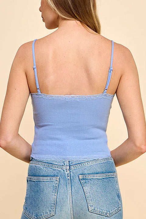 Basic Cotton Blend 2000s Lace Detail Ribbed Cami Top