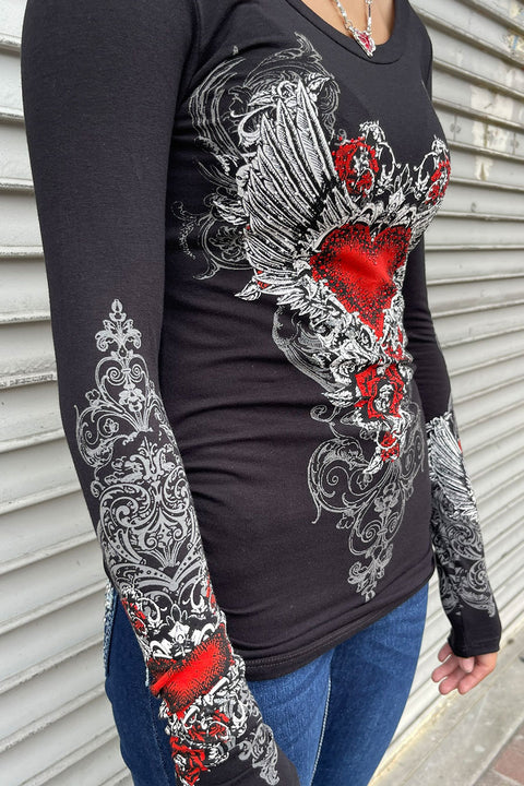 Y2K McBling Red Heart Graphic Rhinestone Print Side Shirred Long Sleeve T-Shirt