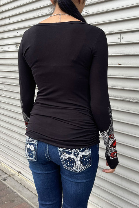 Y2K McBling Red Heart Graphic Rhinestone Print Side Shirred Long Sleeve T-Shirt